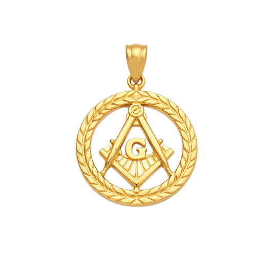 10K Solid Yellow Gold Masonic Round Pendant, Freemason Compass & Square with G, 16mm Circle Charm