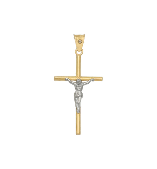 10K Yellow Gold Tube Cross Necklace Pendant Two Tone Color Cross Charm