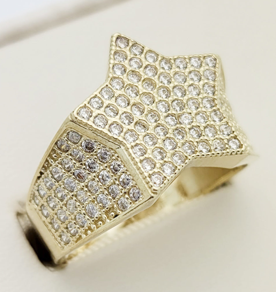 10K Yellow Gold Iced Out Star Ring - Hip Hop Style Five-Point Star CZ Statement Ring for Men, Bling Ring Jewelry - Stunu jewelry