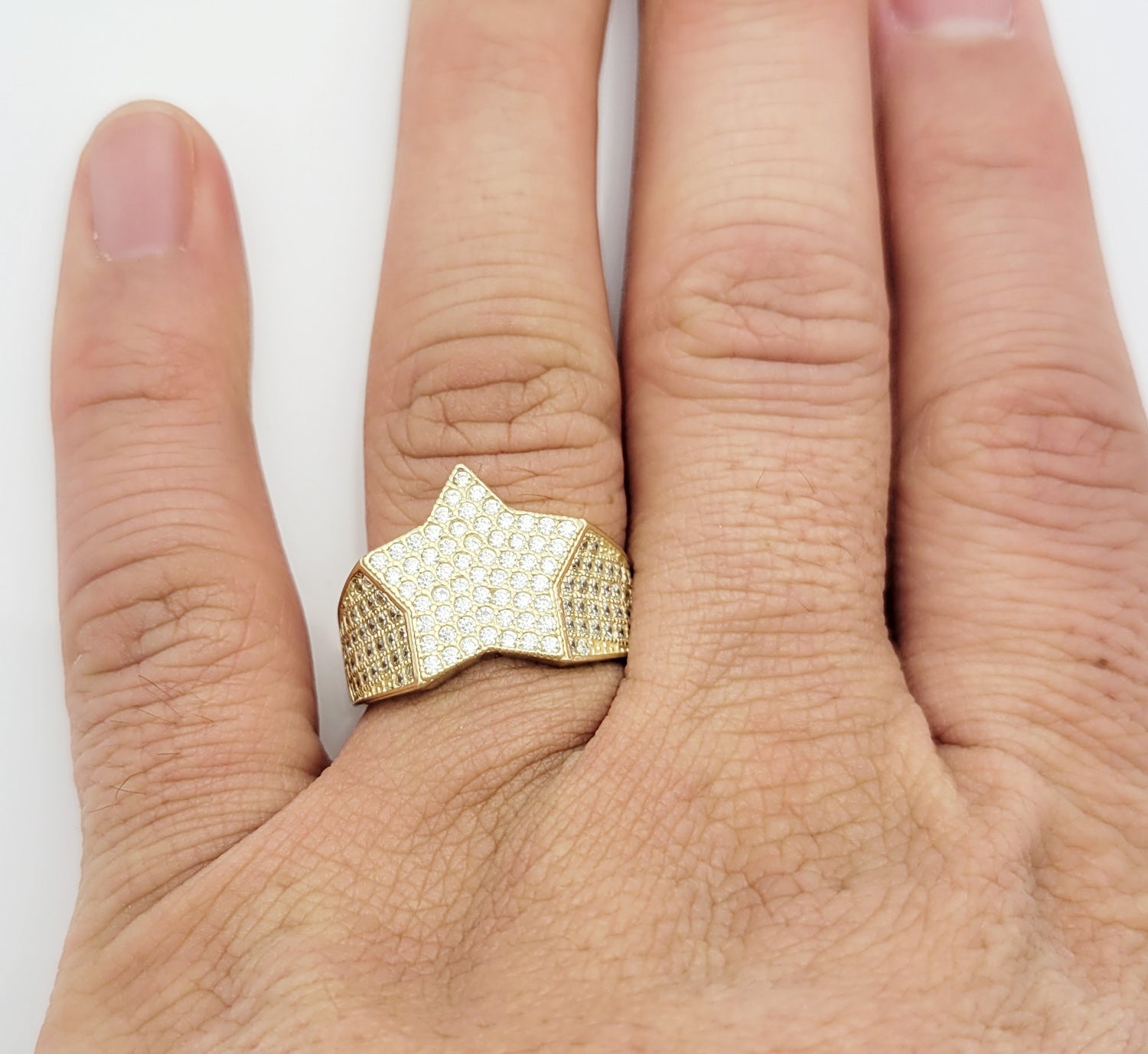 10K Yellow Gold Iced Out Star Ring - Hip Hop Style Five-Point Star CZ Statement Ring for Men, Bling Ring Jewelry - Stunu jewelry
