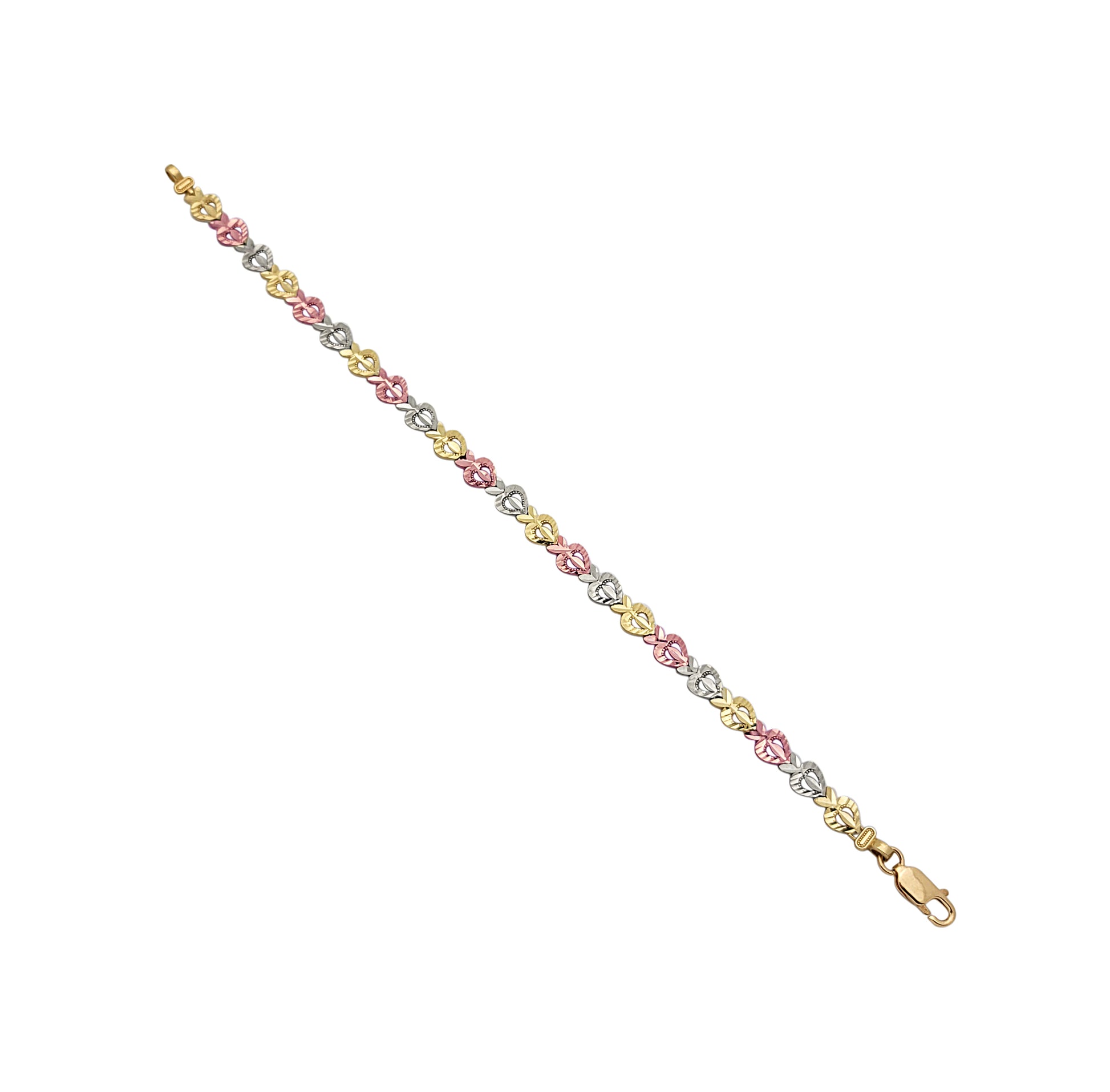10K Tri Color Gold Heart Link Bracelet 6 mm Heart Bracelet For Women 7.25 inch - Stunu jewelry