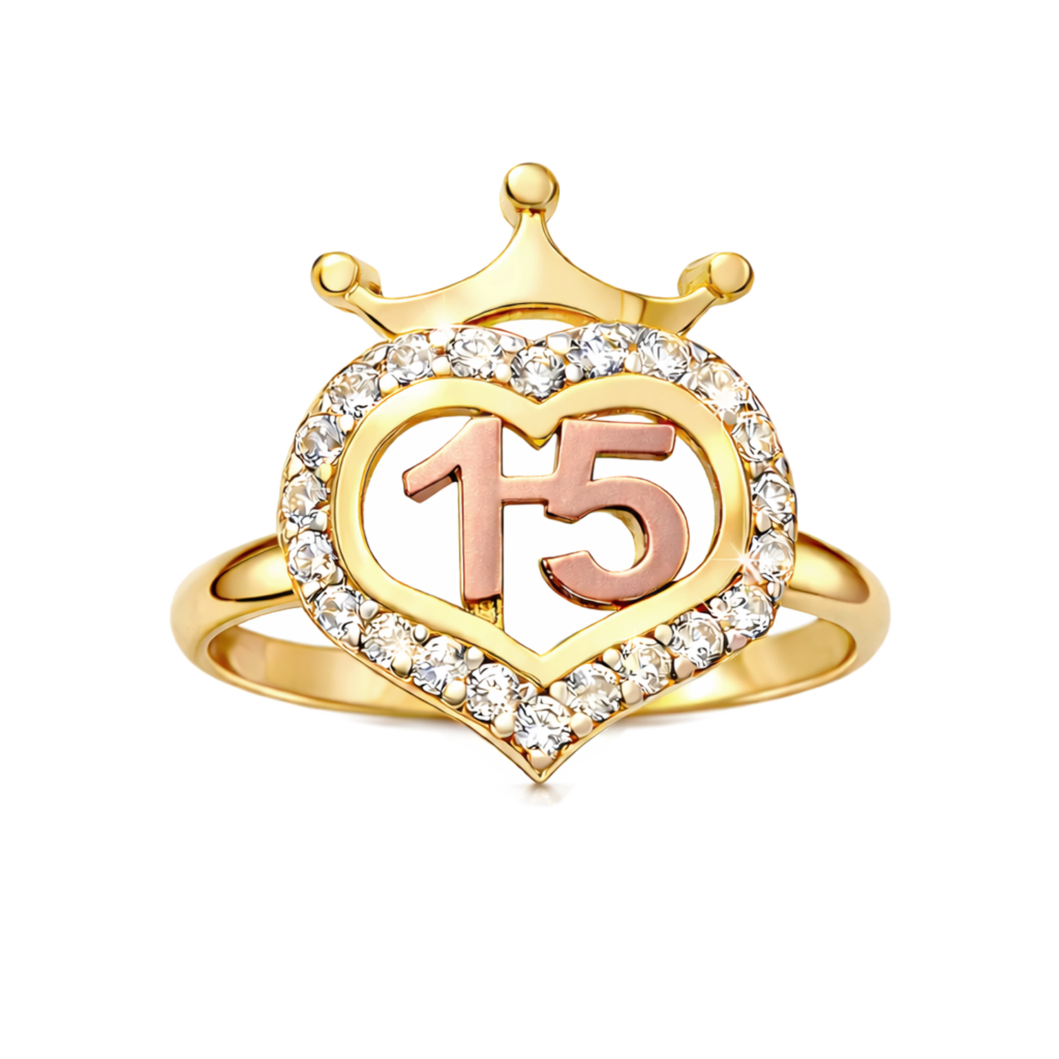 10K Yellow And Rose Gold Quinceanera Ring 15 Anos Crown Ring - Stunu jewelry