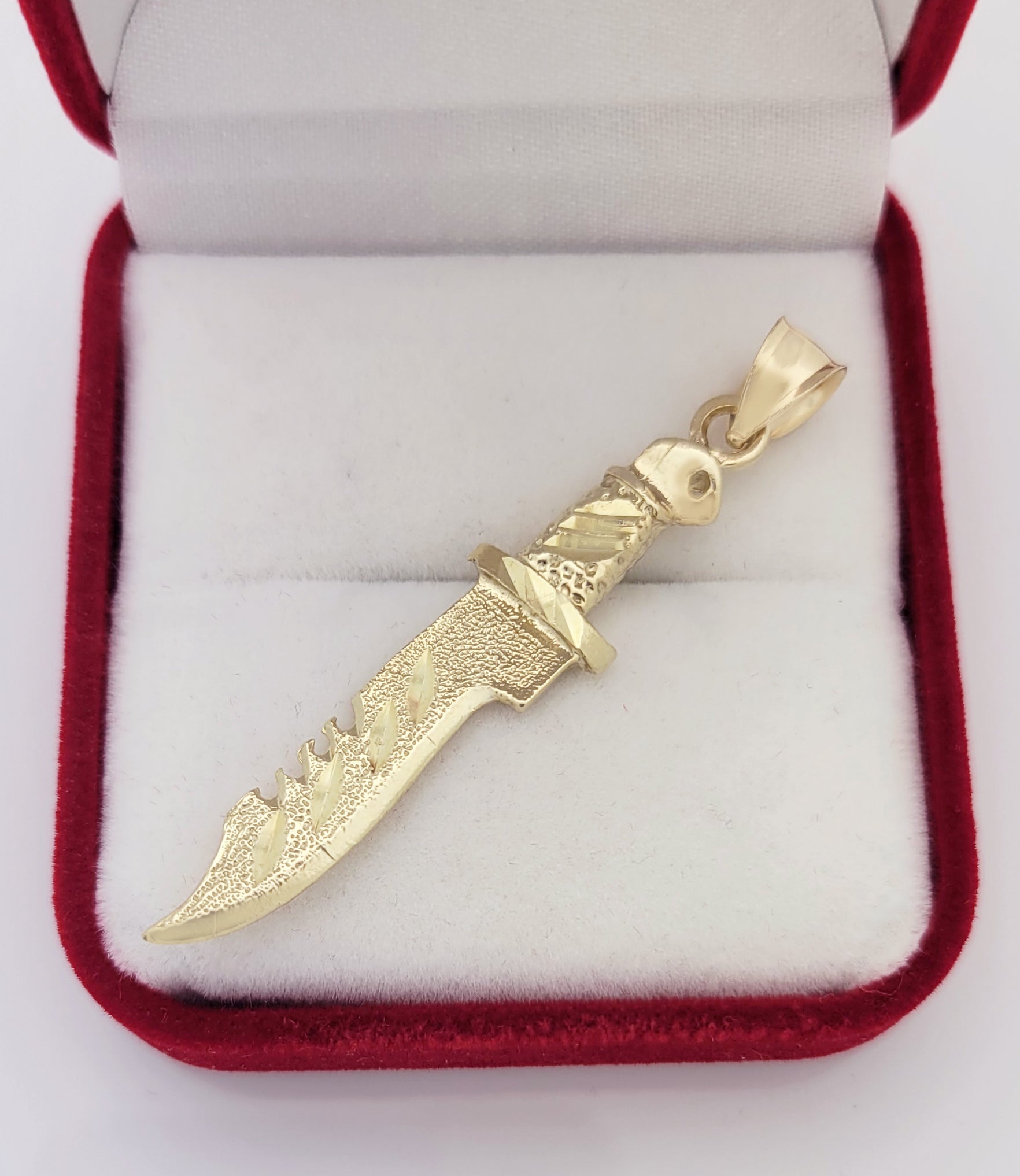 10K Yellow Gold Survival Hunting Knife Pendant, 2.1" Large Tactical Army Blade Charm, Heavy Double-Sided Gold Jewelry for Men - Stunu jewelry