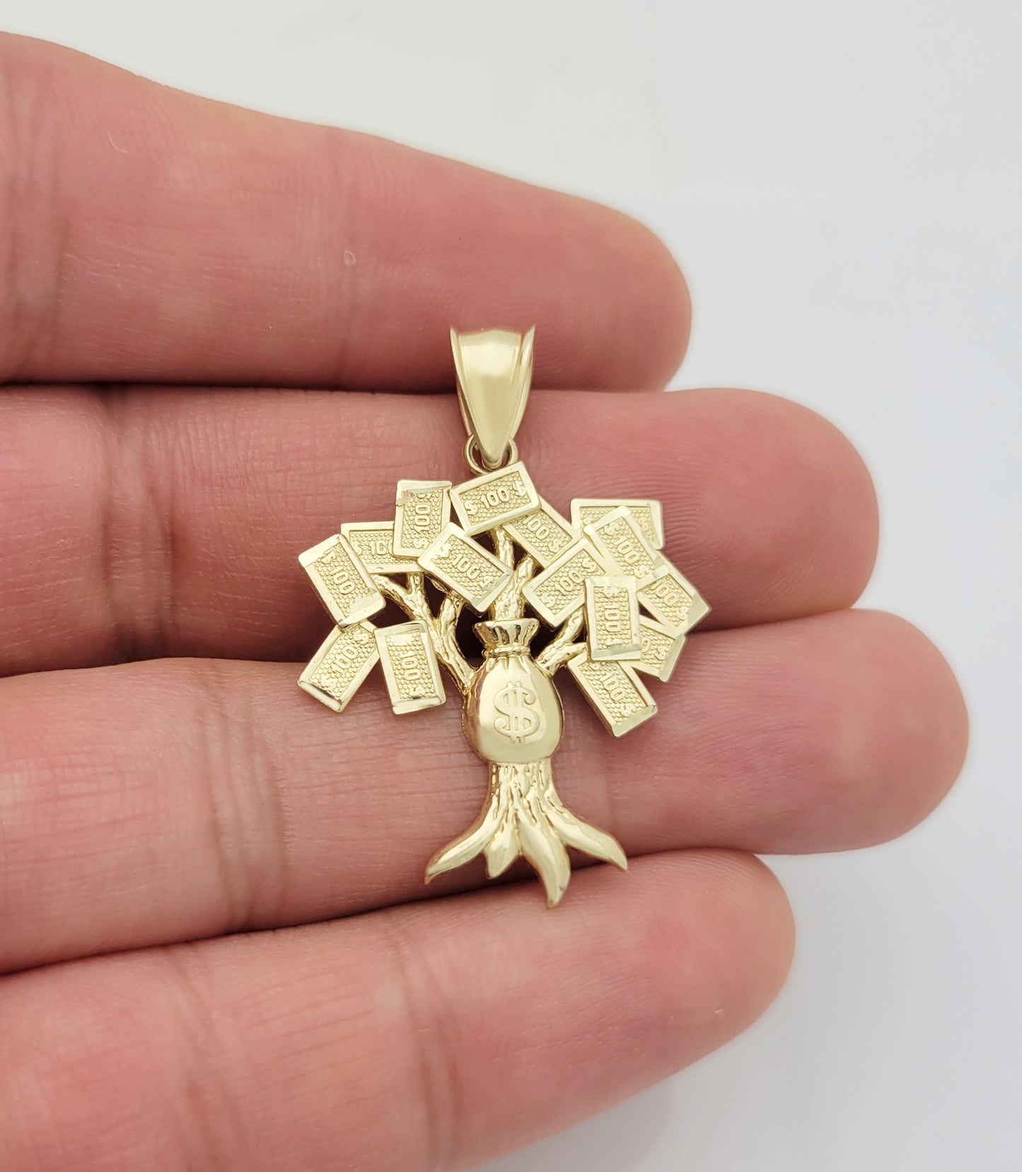 10K Yellow Gold Money Tree Pendant Money Bag Treasure Pendant 1.5 in x 1.0 in
