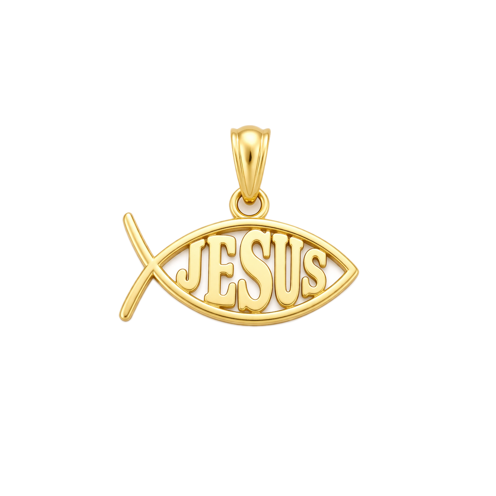 10K Yellow Gold Ichthus Christian Fish Pendant Necklace Charm with JESUS Center, Religious Jewelry for Men and Women, 0.9" x 0.7"