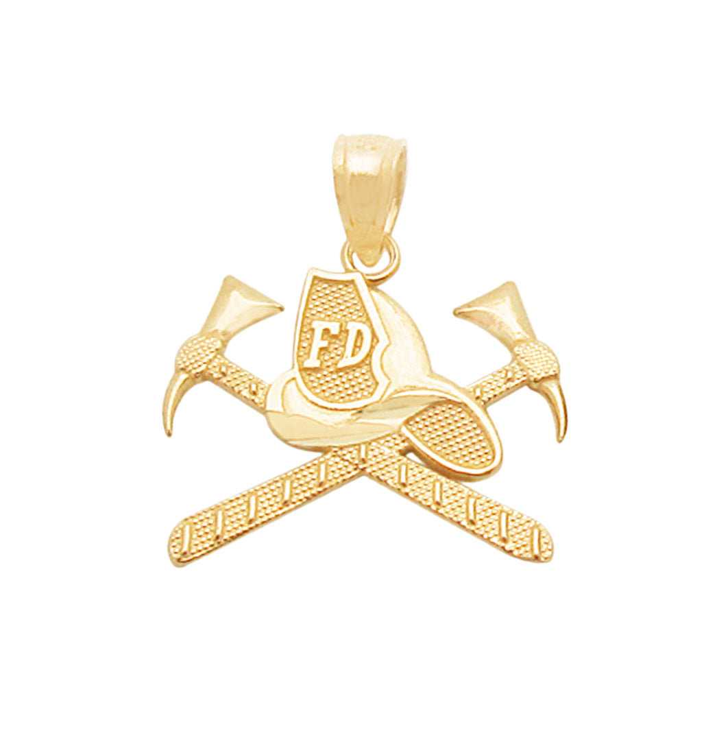 10K Yellow Gold Firefighter Helmet and Crossed Axes Pendant, Fire Department FD Badge Charm