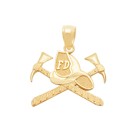 10K Yellow Gold Firefighter Helmet and Crossed Axes Pendant, Fire Department FD Badge Charm