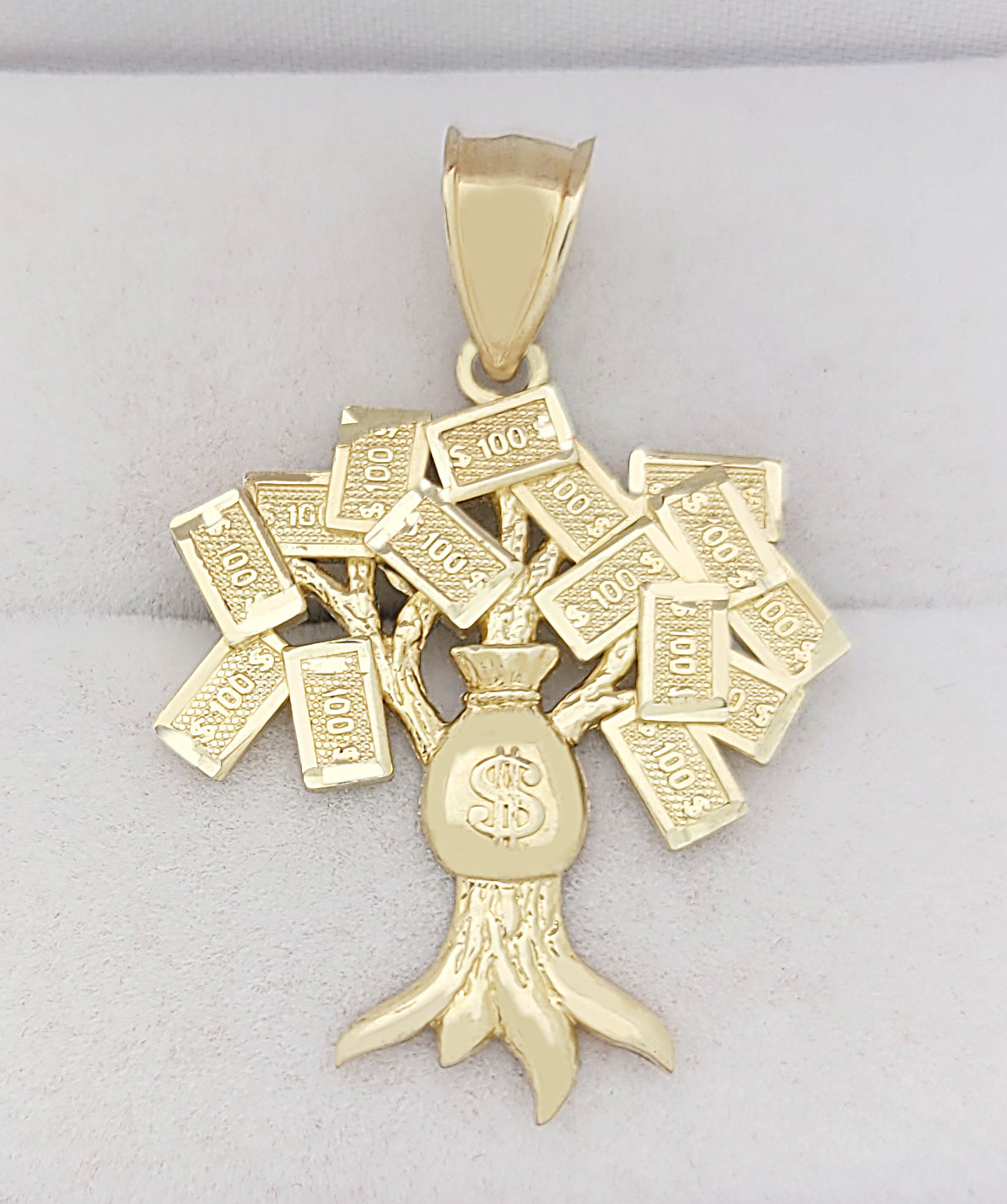 10K Yellow Gold Money Tree Pendant Money Bag Treasure Pendant 1.5 in x 1.0 in