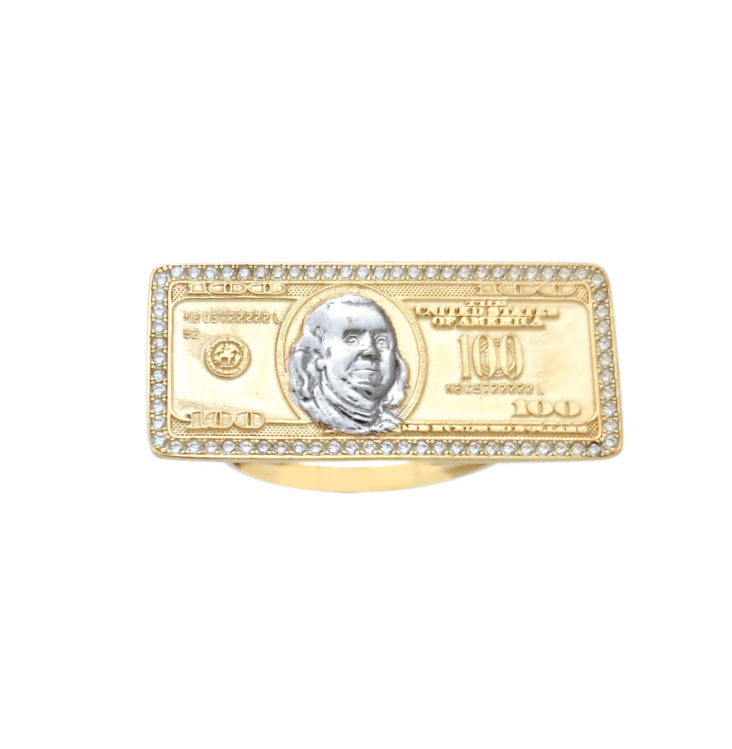 10K Yellow Gold Hundred Dollar Bill Ring Benjamin Franklin Ring With CZ Stones