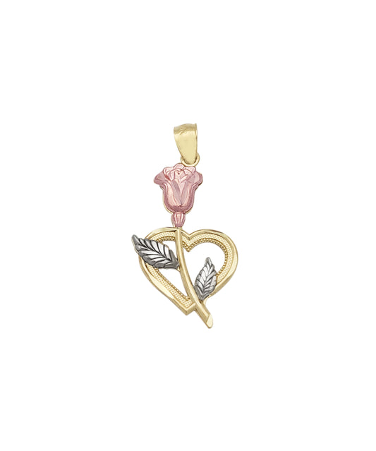10K Yellow & Rose Gold Flower Heart Pendant, Rose Jewelry for Women, Elegant Floral Heart Charm for Necklaces, 1.2" x 0.6" - Stunu jewelry