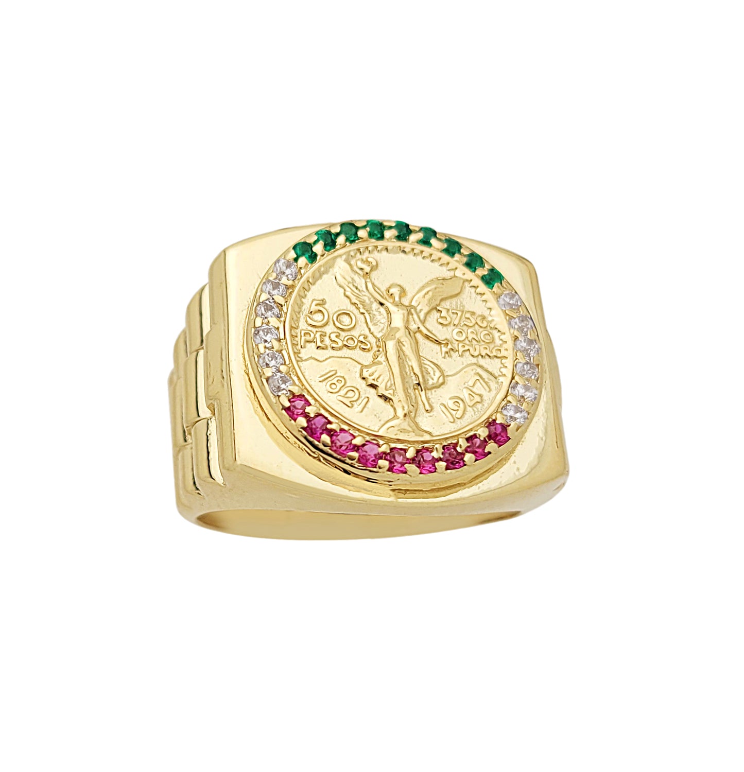 10K Yellow Gold 50 Pesos Coin Ring Mexican Flag Color Ring 7.5 g