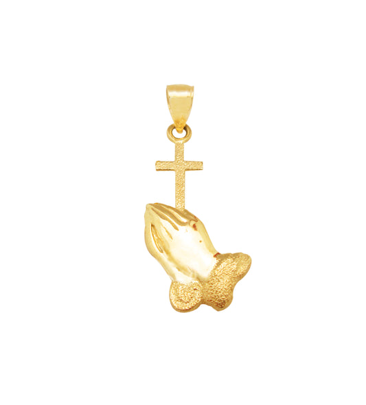 10k Yellow Gold Praying Hands Prayers Hands With Cross Pendant