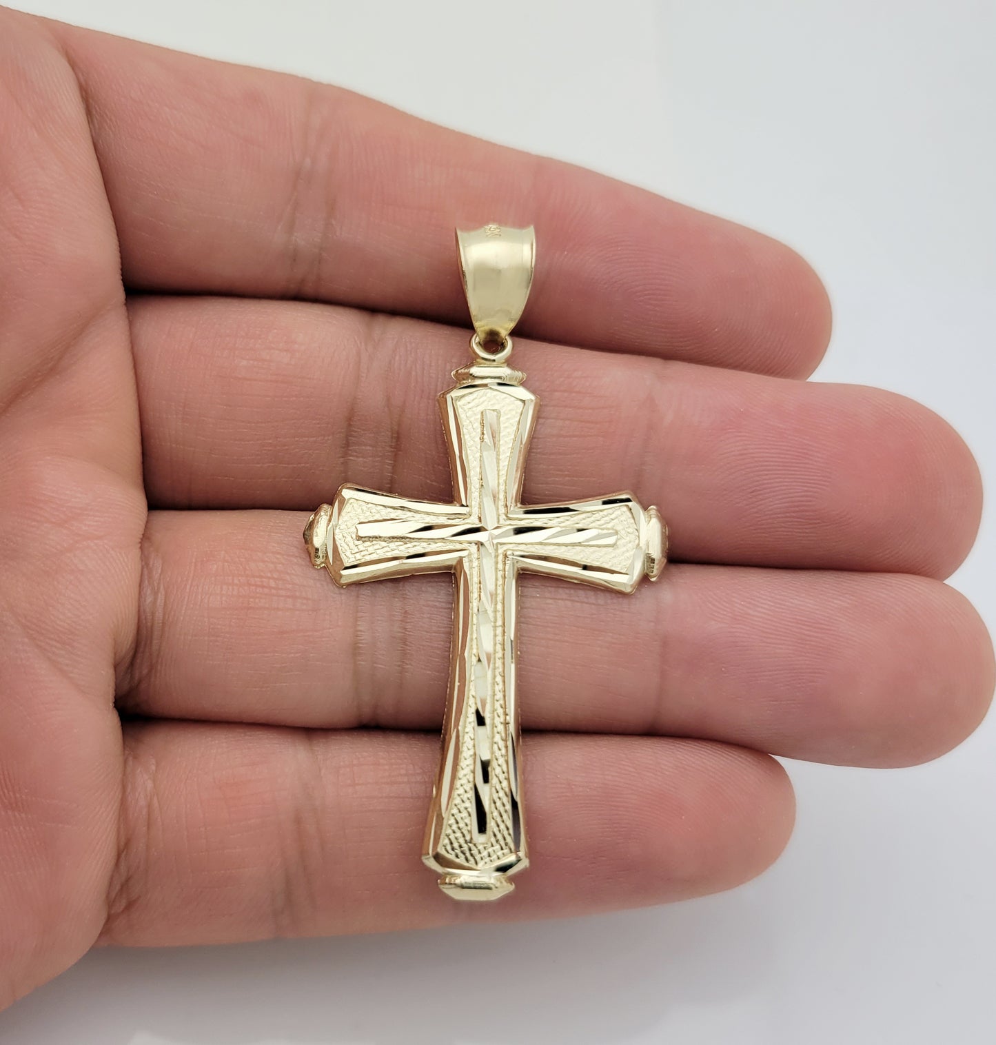 Mens 10k Yellow Gold Cross Pendant Diamond Cut Gold Crucifix Charm 2.1 inch