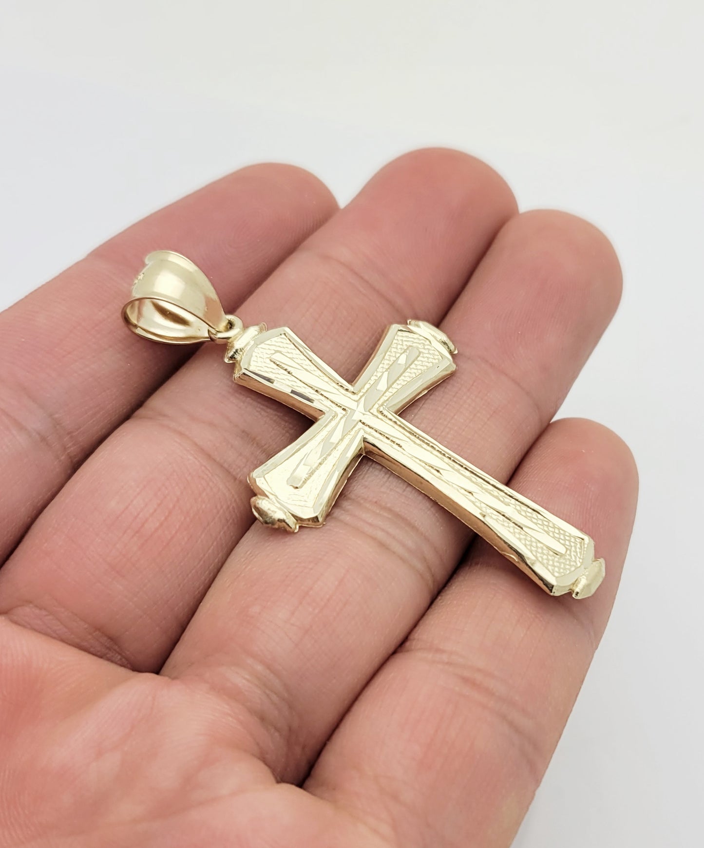 Mens 10k Yellow Gold Cross Pendant Diamond Cut Gold Crucifix Charm 2.1 inch