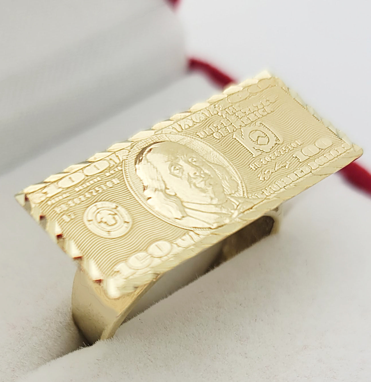 10K Yellow Gold Hundred Dollar Bill Ring Benjamin Franklin Ring