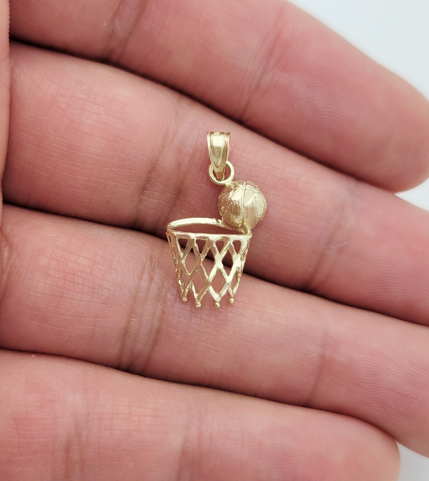 10K Yellow Gold Basketball Charm Rim Net Pendant Basketball Hoop Necklace Pendant