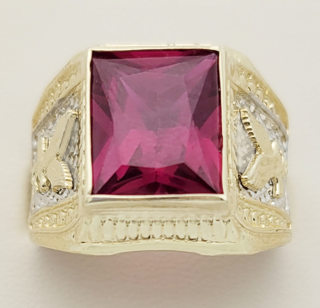 10K Yellow Gold Mens Emerald Cut Red Stone Ring Eagle On the Side American Eagle Ring