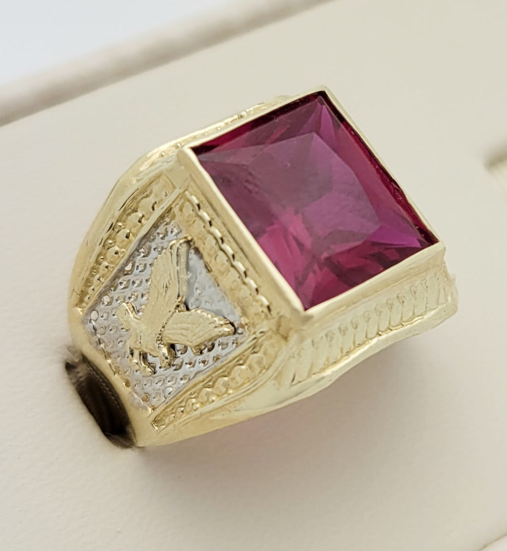 10K Yellow Gold Mens Emerald Cut Red Stone Ring Eagle On the Side American Eagle Ring