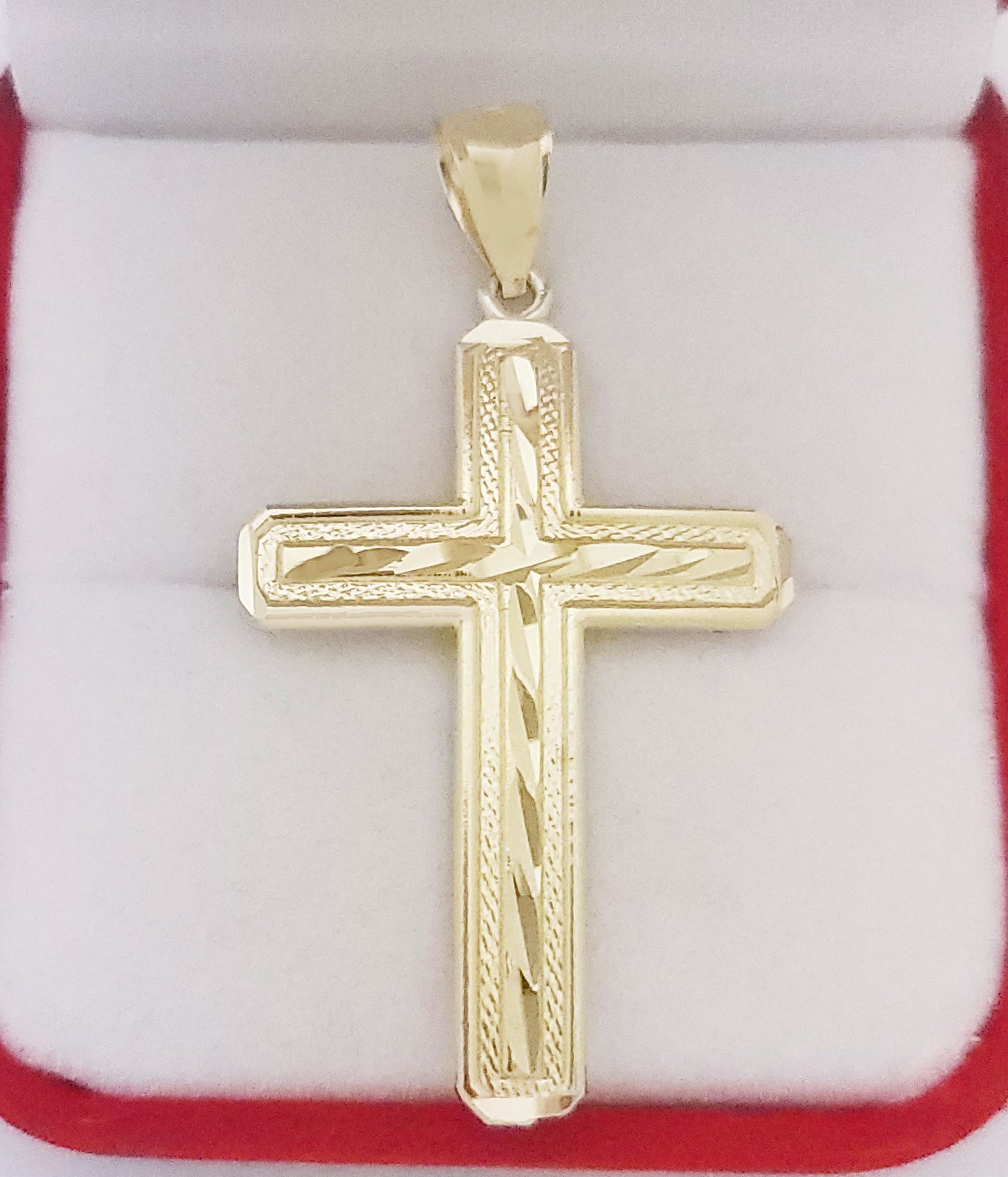 Mens 10k Yellow Gold Cross Pendant Diamond Cut Gold Crucifix Charm 1.8 inch