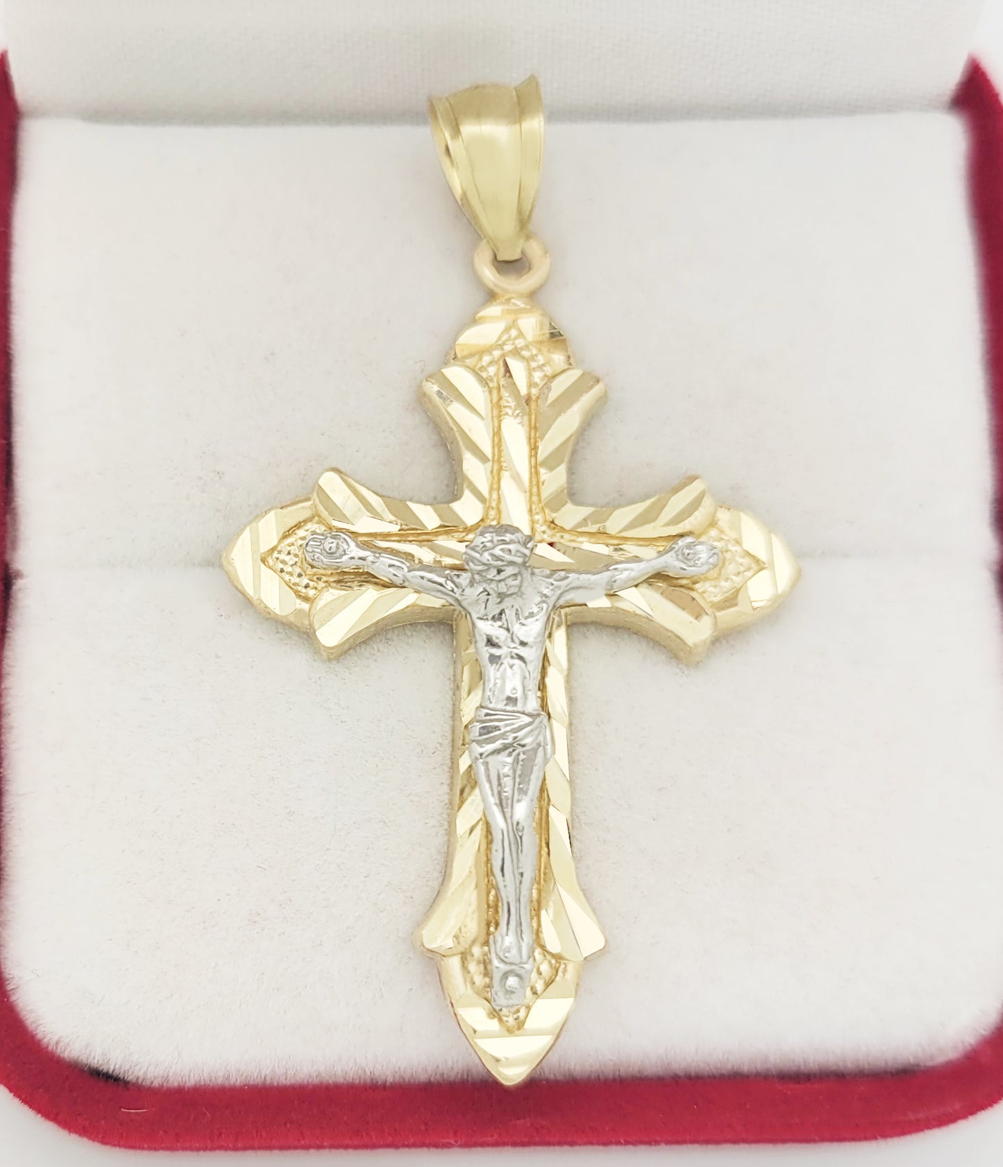 Mens 10k Yellow White Gold Cross Pendant Diamond Cut