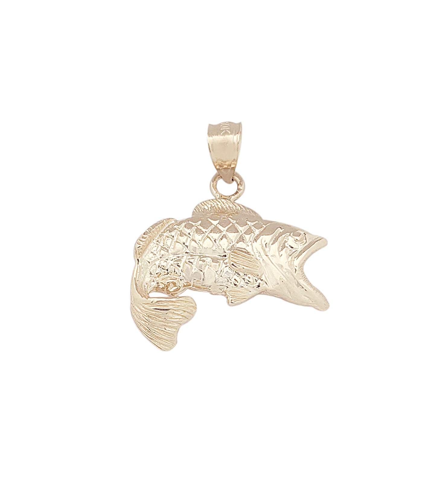 10K Yellow Gold Bass Necklace Pendant Large Mouth Bass Charm Fish