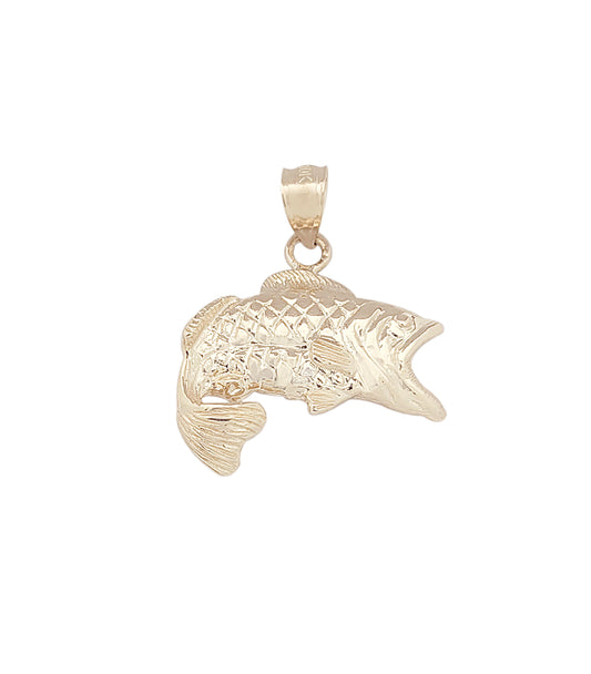 10K Yellow Gold Bass Necklace Pendant Large Mouth Bass Charm Fish