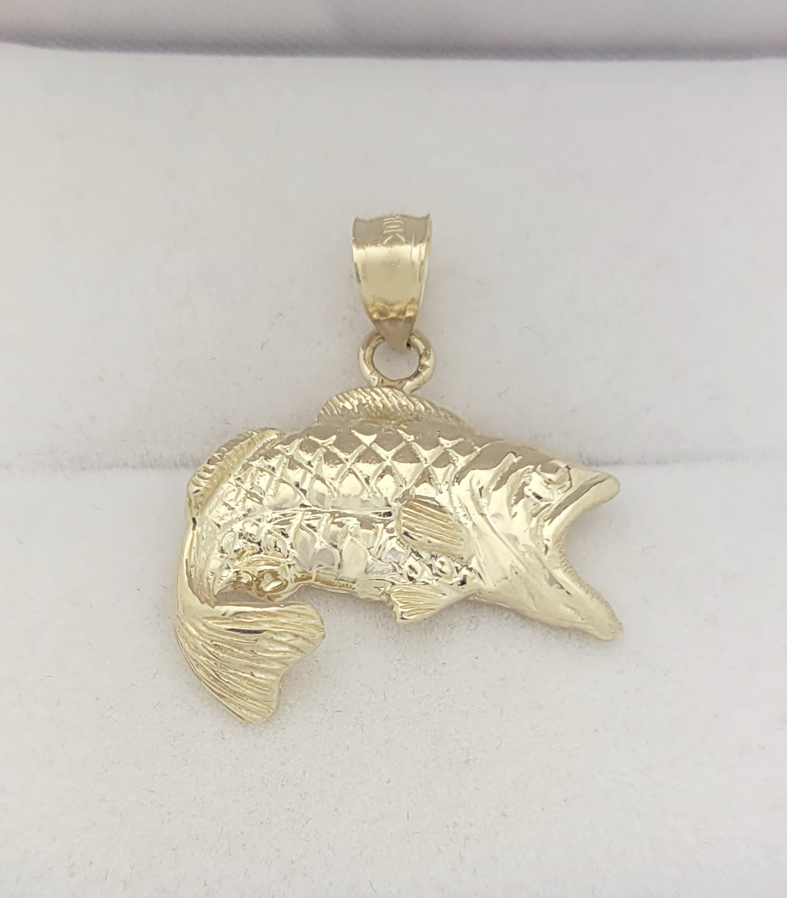 10K Yellow Gold Bass Necklace Pendant Large Mouth Bass Charm Fish