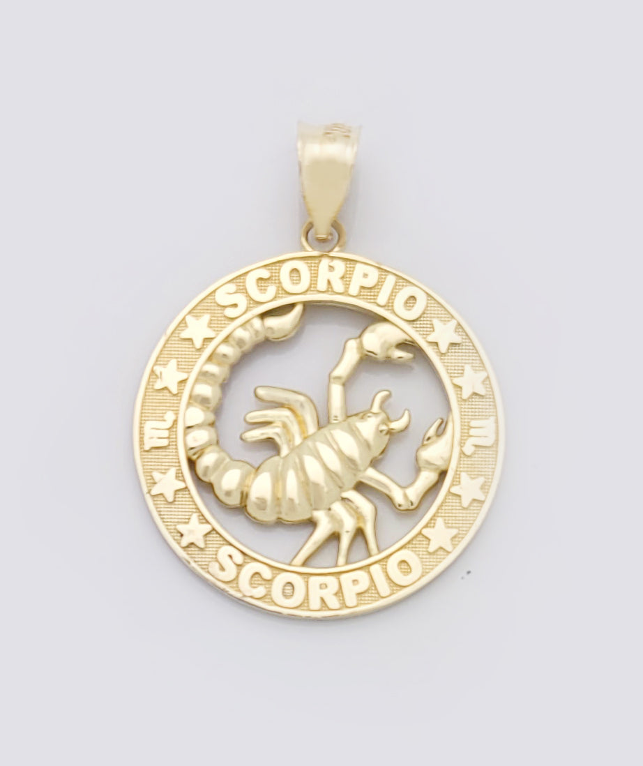 10K Yellow Gold Scorpio Necklace Pendant Zodiac Charm 0.85 inch Diameter