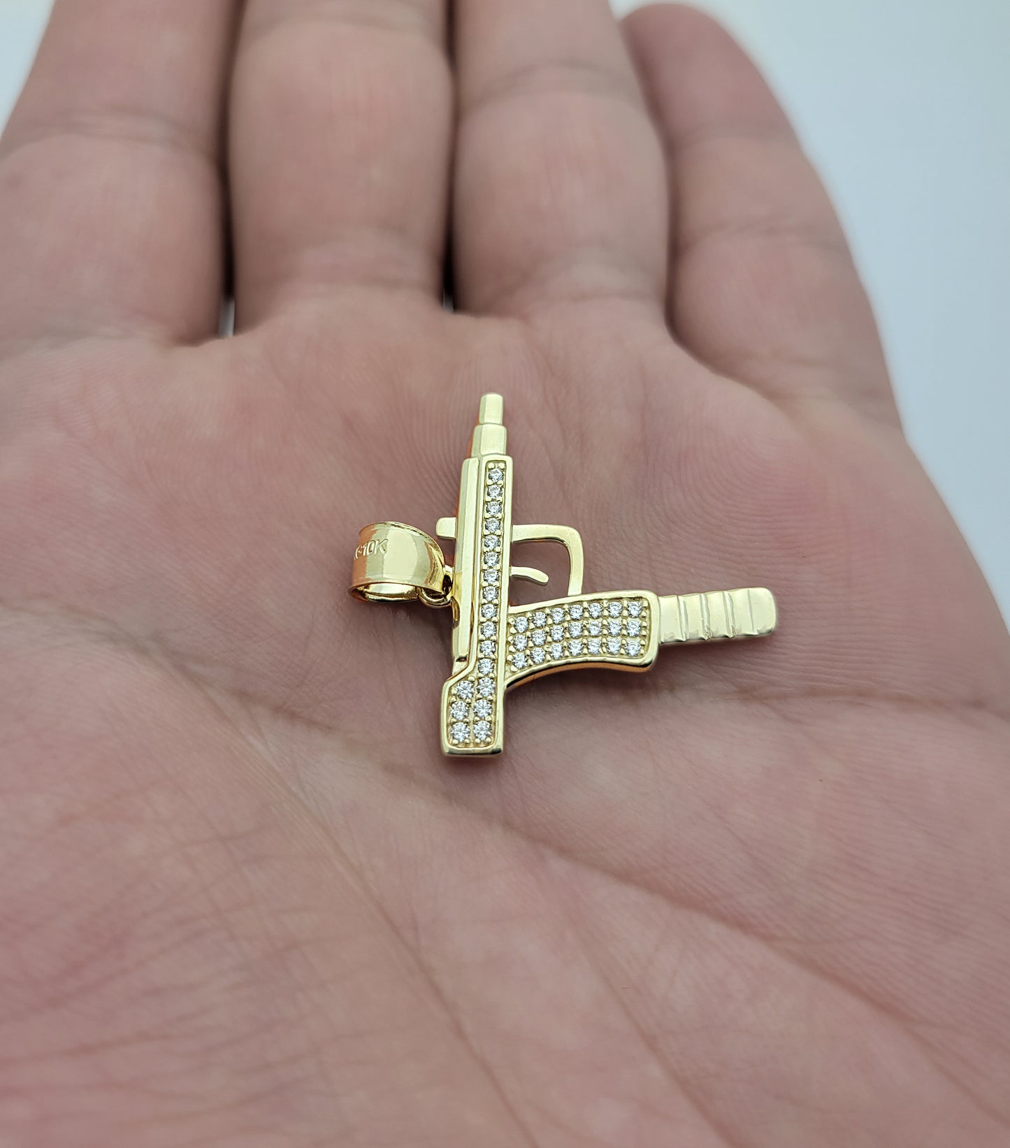 10k Yellow Gold Uzi Gun Necklace Pendant CZ Gun Charm