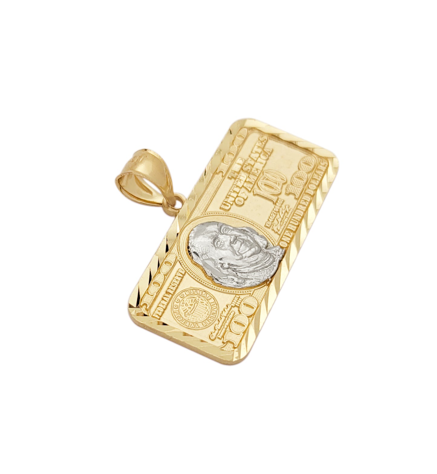 Mens 10K Yellow Gold Hundred Dollar Bill Pendant Benjamin Franklin 1.3 inch