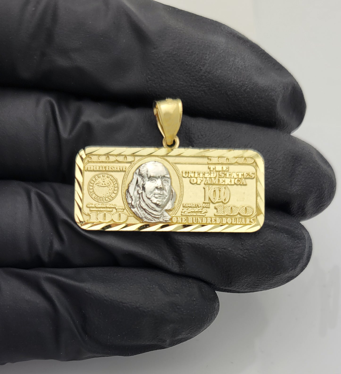 Mens 10K Yellow Gold Hundred Dollar Bill Pendant Benjamin Franklin 1.3 inch