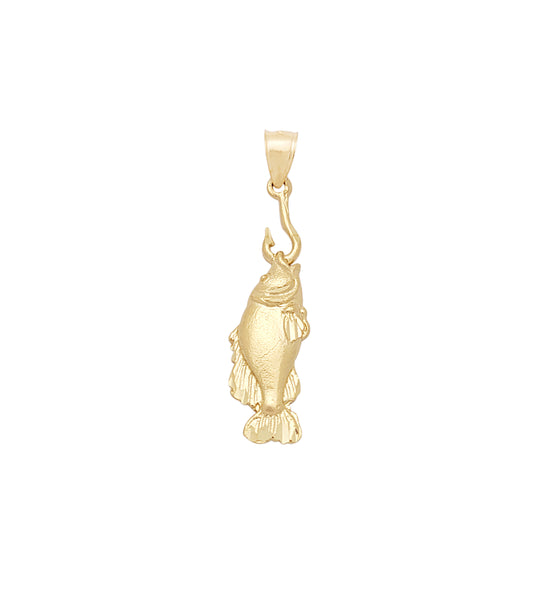 10K Yellow Gold Fish on Hook Pendant Charm, Detailed Nautical Fisherman Jewelry - Stunu jewelry