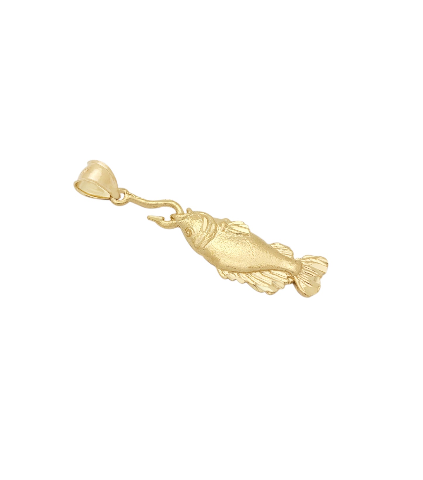 10K Yellow Gold Fish on Hook Pendant Charm, Detailed Nautical Fisherman Jewelry