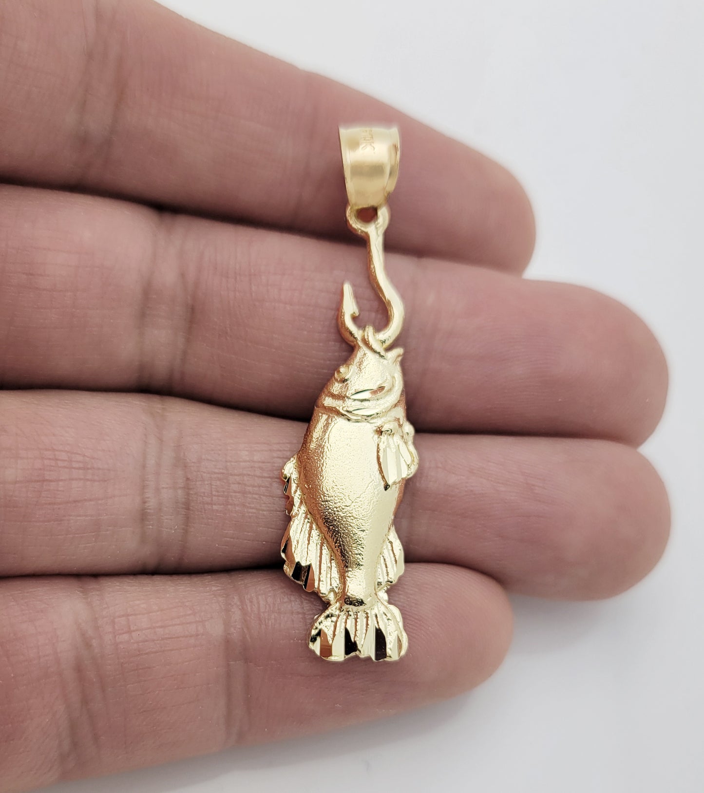 10K Yellow Gold Fish on Hook Pendant Charm, Detailed Nautical Fisherman Jewelry