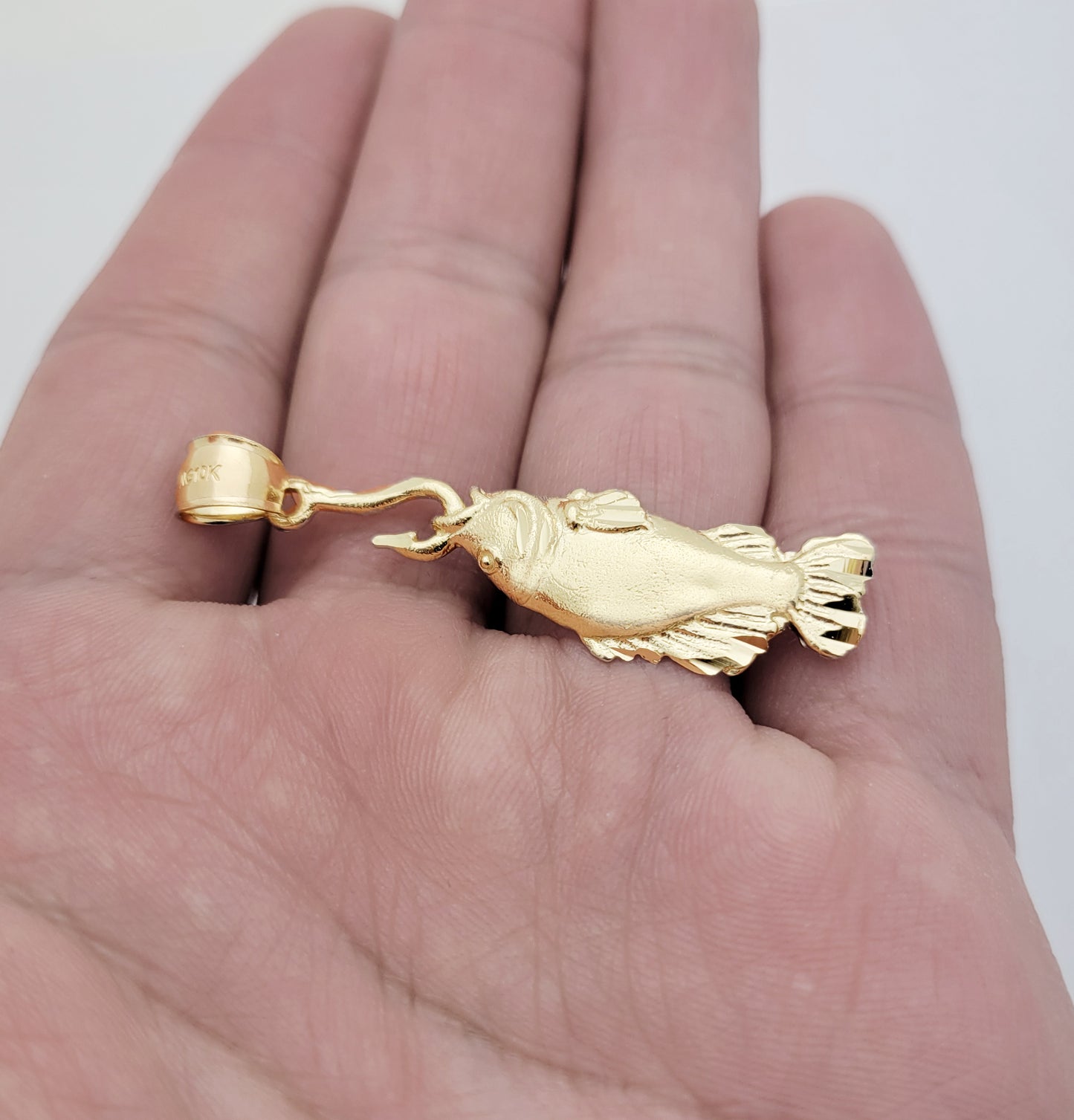 10K Yellow Gold Fish on Hook Pendant Charm, Detailed Nautical Fisherman Jewelry