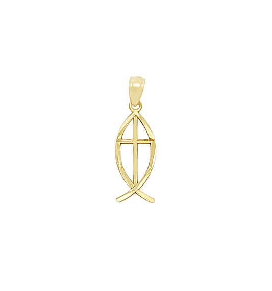 10K Yellow Gold Ichthus Christian Fish Symbol Pendant Plain 0.85 inch - Stunu jewelry