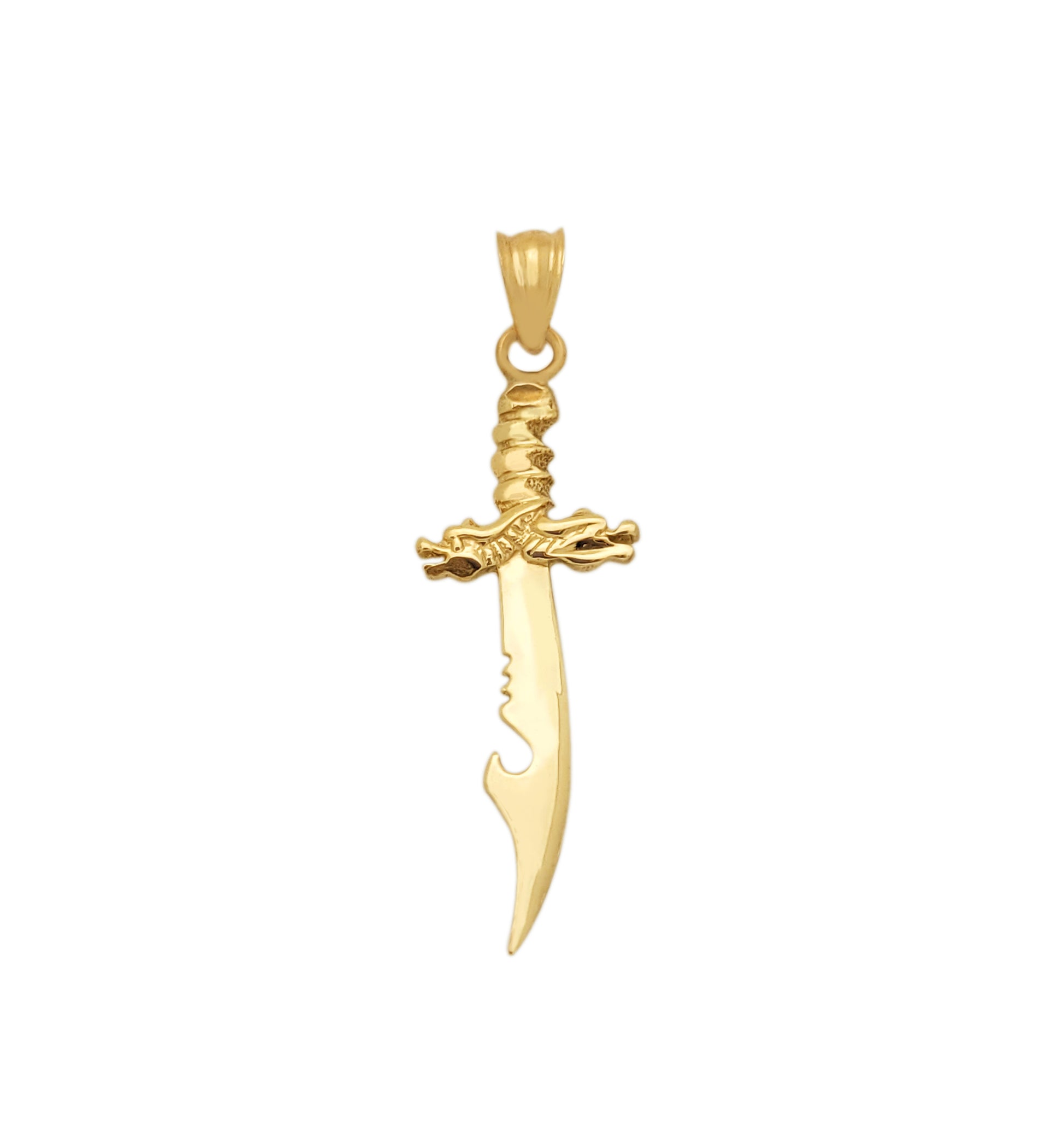 10K Yellow Gold Fantasy Dragon Dagger Pendant, 1.5" Small Curved Scimitar Sword Charm, Warrior Knife Jewelry - Stunu jewelry