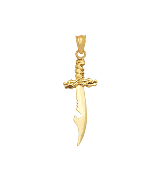 10K Yellow Gold Fantasy Dragon Dagger Pendant, 1.5" Small Curved Scimitar Sword Charm, Warrior Knife Jewelry - Stunu jewelry