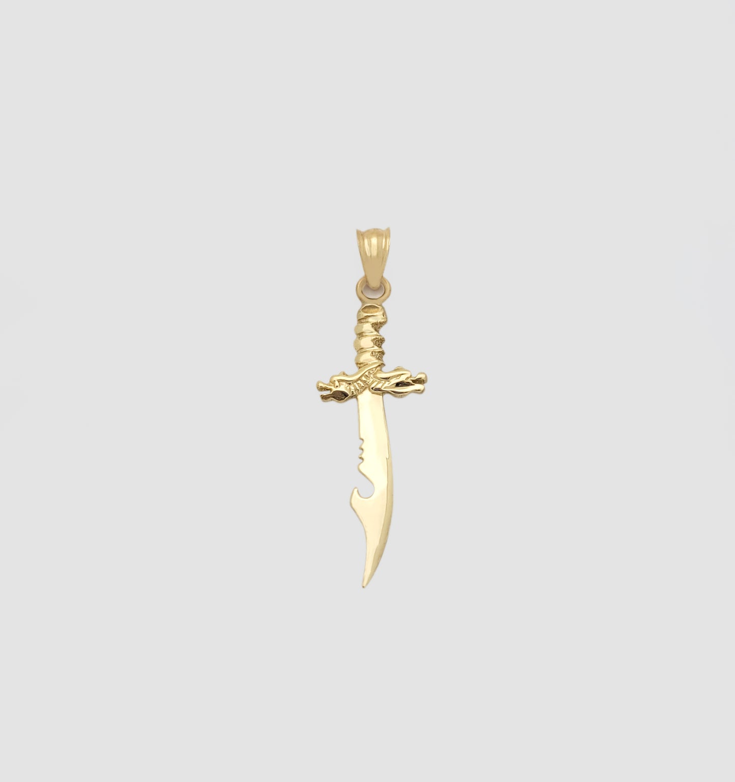 10K Yellow Gold Fantasy Dragon Dagger Pendant, 1.5" Small Curved Scimitar Sword Charm, Warrior Knife Jewelry - Stunu jewelry