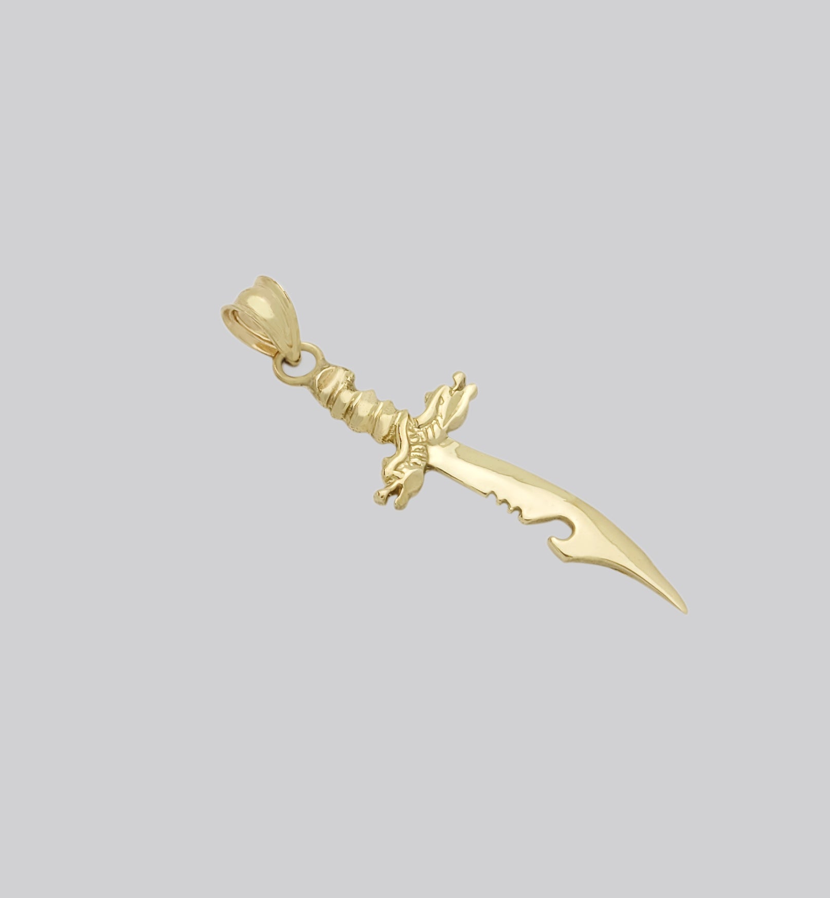 10K Yellow Gold Fantasy Dragon Dagger Pendant, 1.5" Small Curved Scimitar Sword Charm, Warrior Knife Jewelry - Stunu jewelry