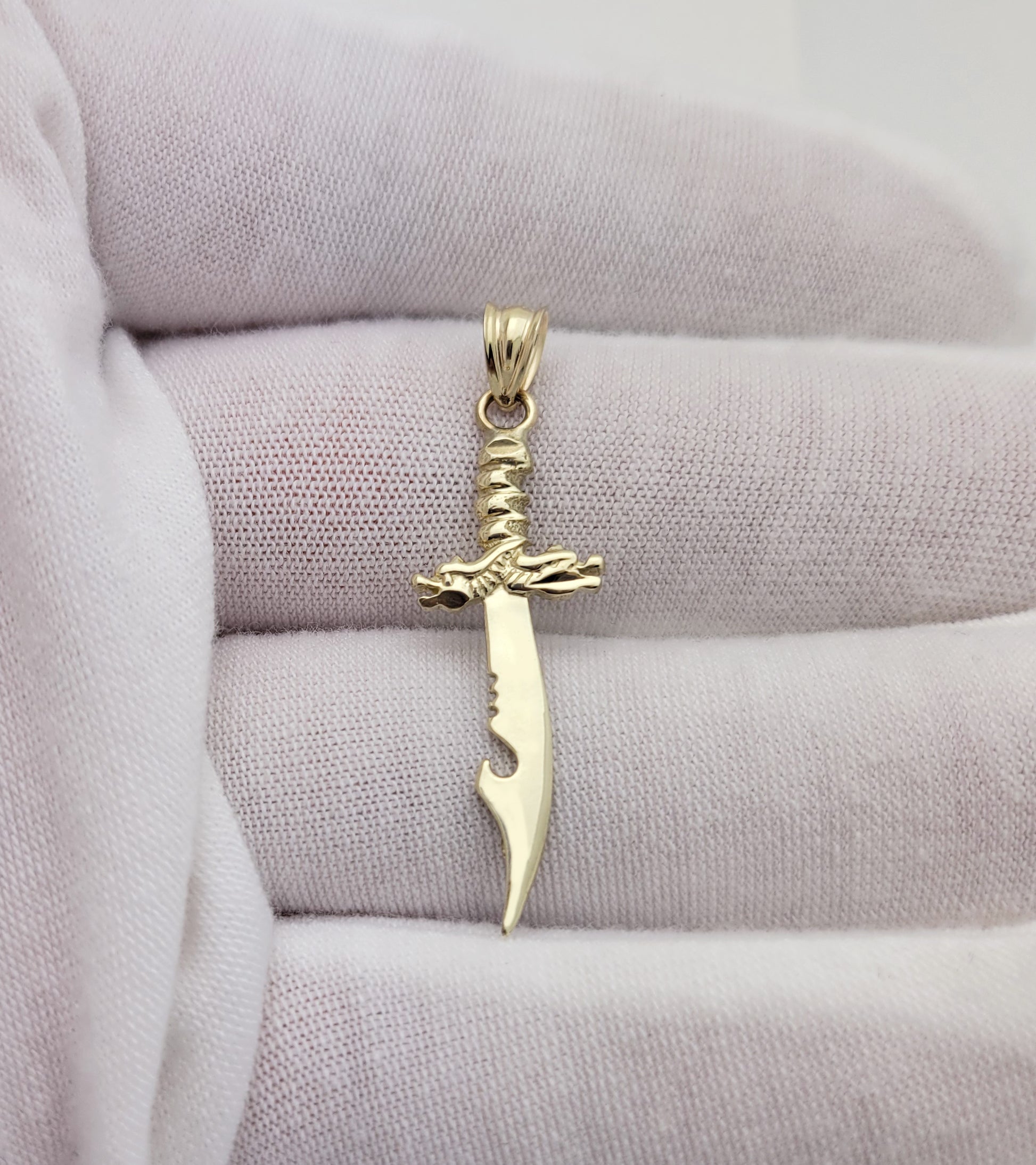 10K Yellow Gold Fantasy Dragon Dagger Pendant, 1.5" Small Curved Scimitar Sword Charm, Warrior Knife Jewelry - Stunu jewelry
