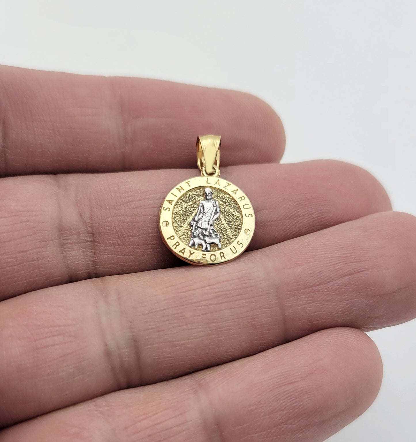 10K Yellow Gold Saint Lazarus Pendant Charm Patron Lazarus Medallion Small Round
