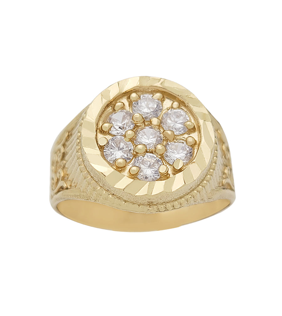 Men's 10K Yellow Gold Round CZ Cluster Ring - Elegant Diamond Cut Pattern Statement Band