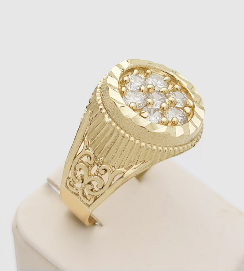 Men's 10K Yellow Gold Round CZ Cluster Ring - Elegant Diamond Cut Pattern Statement Band