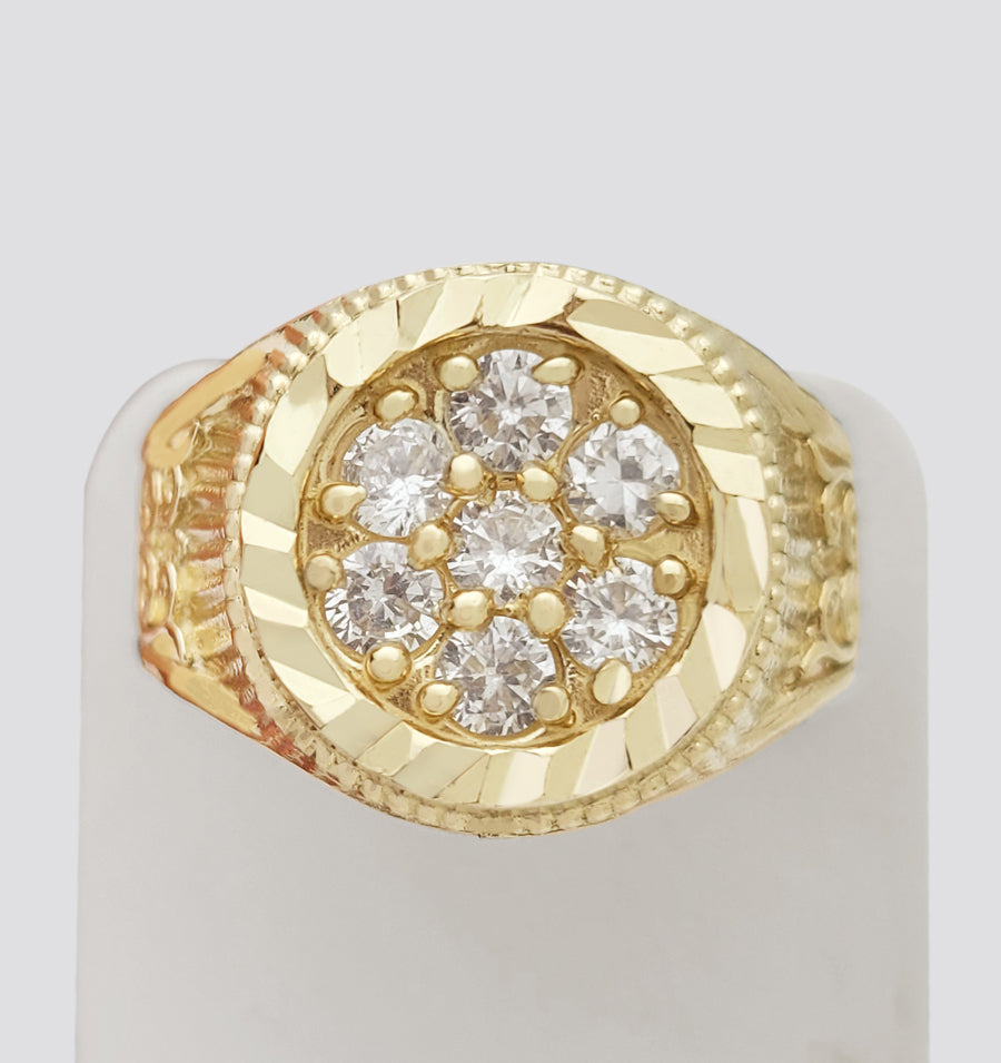 Men's 10K Yellow Gold Round CZ Cluster Ring - Elegant Diamond Cut Pattern Statement Band
