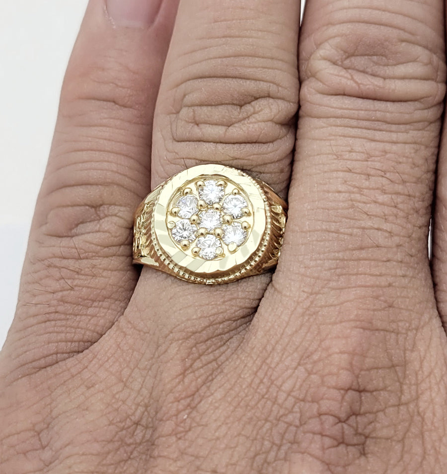 Men's 10K Yellow Gold Round CZ Cluster Ring - Elegant Diamond Cut Pattern Statement Band