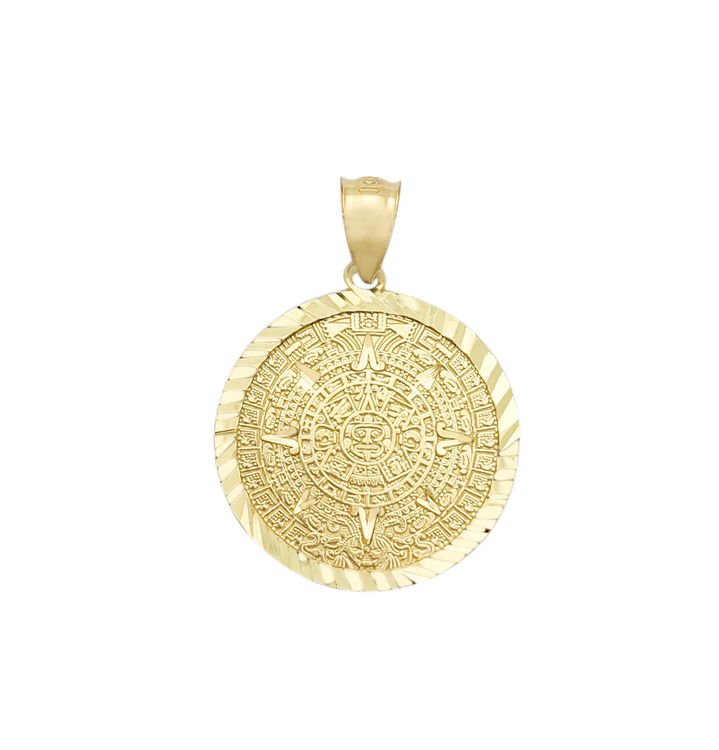 10K Yellow Gold Round Aztec Mayan Calendar Charm Pendant Mayan Gold 1.0 inch Diameter
