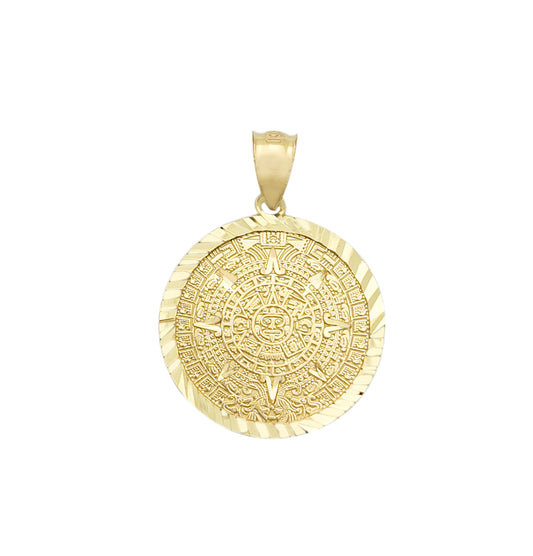 10K Yellow Gold Round Aztec Mayan Calendar Charm Pendant Mayan Gold 1.0 inch Diameter
