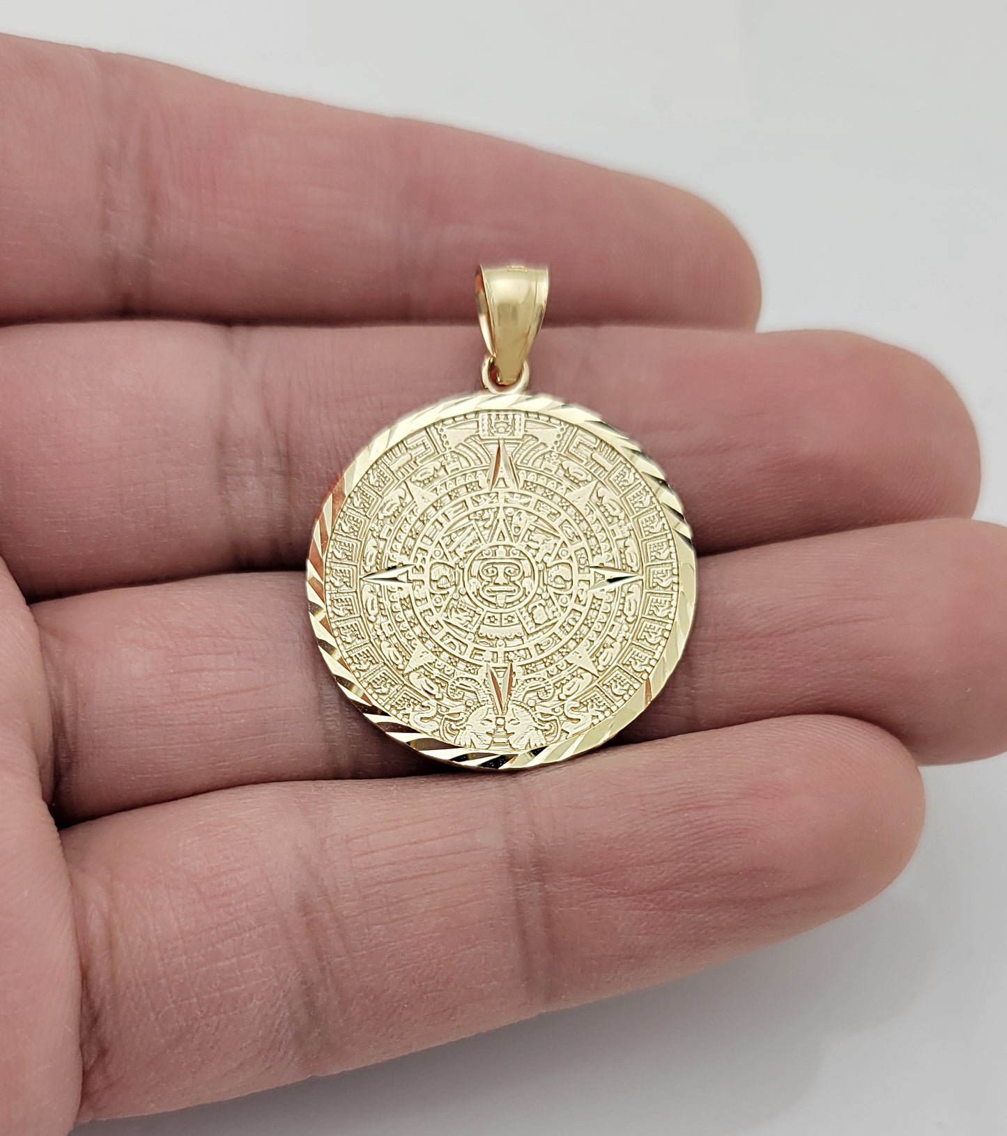 10K Yellow Gold Round Aztec Mayan Calendar Charm Pendant Mayan Gold 1.0 inch Diameter