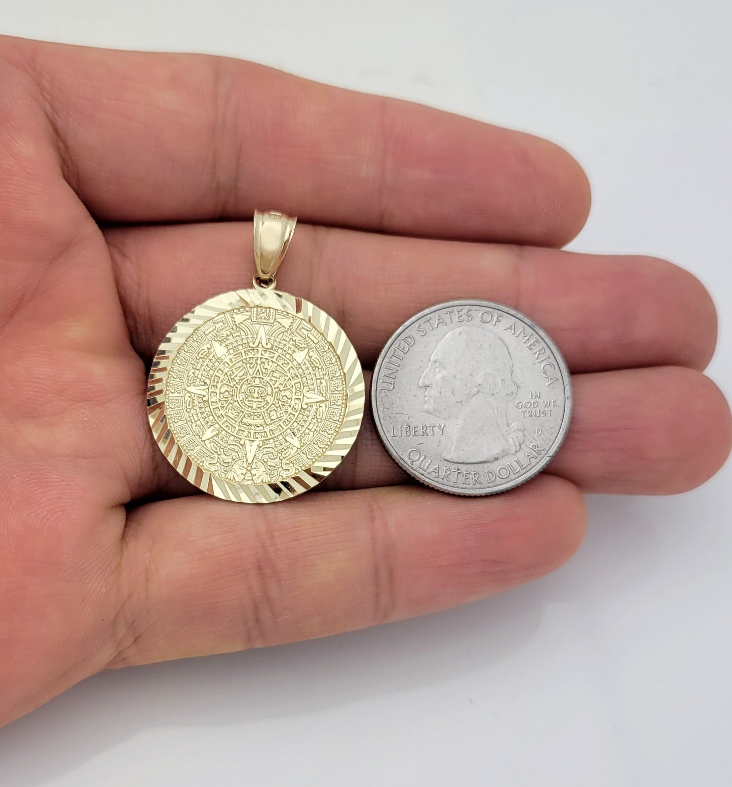 10K Yellow Gold Round Aztec Mayan Calendar Charm Pendant Mayan Gold 1.0 inch Diameter
